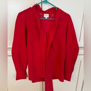 Parker Red Silk Tie-Neck Bow Blouse with Puff Sleeves Size XS